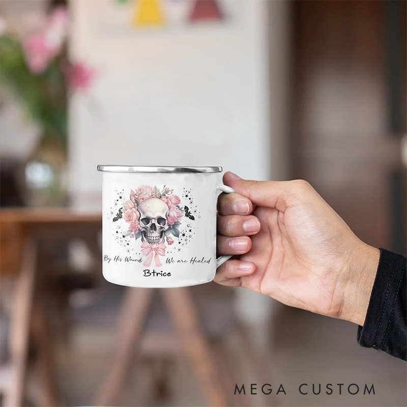 Personalized by His Wounds we are Healed Pink Floral Skull Bats Enamel Mug with Name Halloween Gift Religious Gift