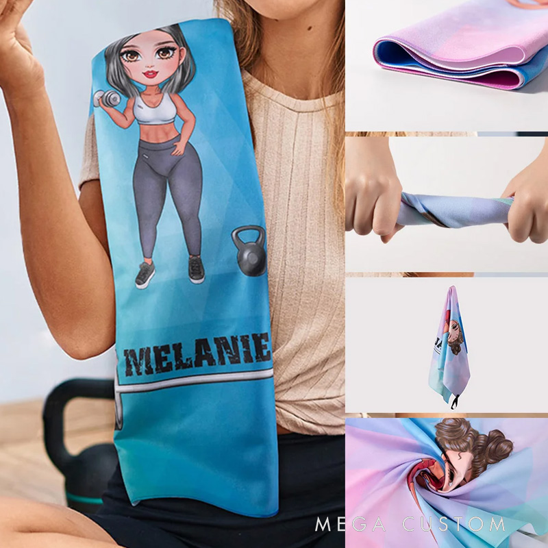 Personalized Cartoon Fitness Girl Design Super Absorbent Portable Sport Towel with Name Gym Workout Birthday Gift for Sports Lovers