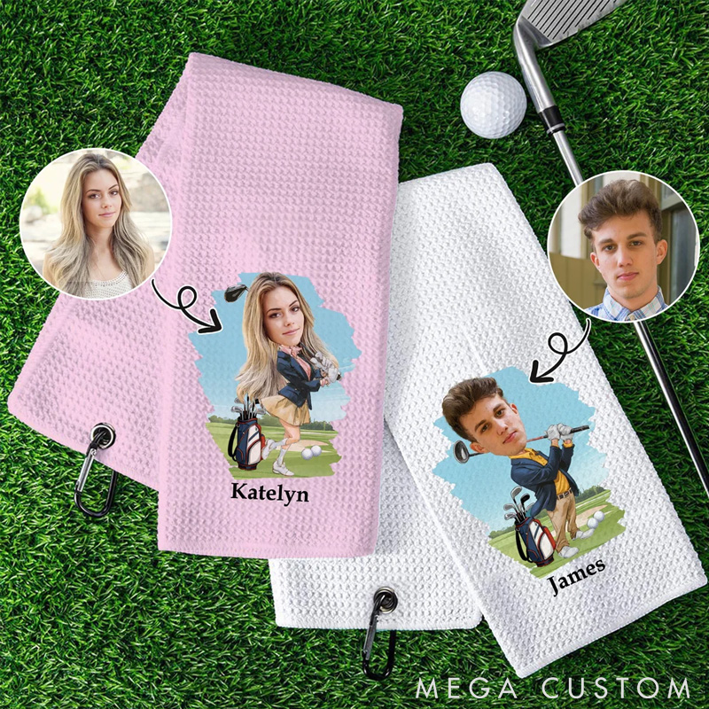 Personalized Head Photo Character Golf Towels with Name and Carabiner Clip for Game Day A Unique Gift for Golf Lovers