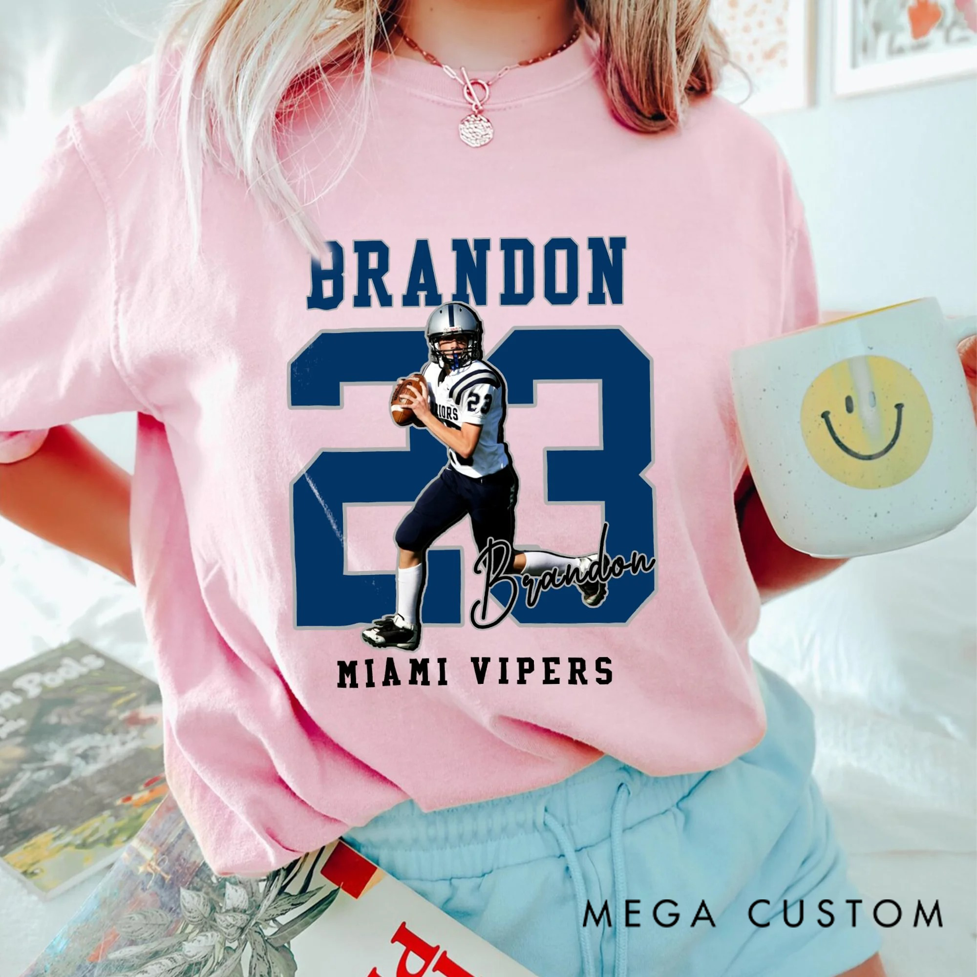 Personalized American Football Photo Heavyweight 100% Cotton T-shirt with Name and Number Game Day Club Gift for Sport Player Mom