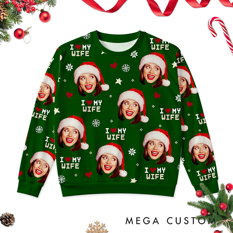 Personalized I Love My Wife Husband All-Over Ugly Sweater Couple Christmas Sweater Husband Wife Couple Edition Ugly Sweater Xmas Gift Sweater with Photo