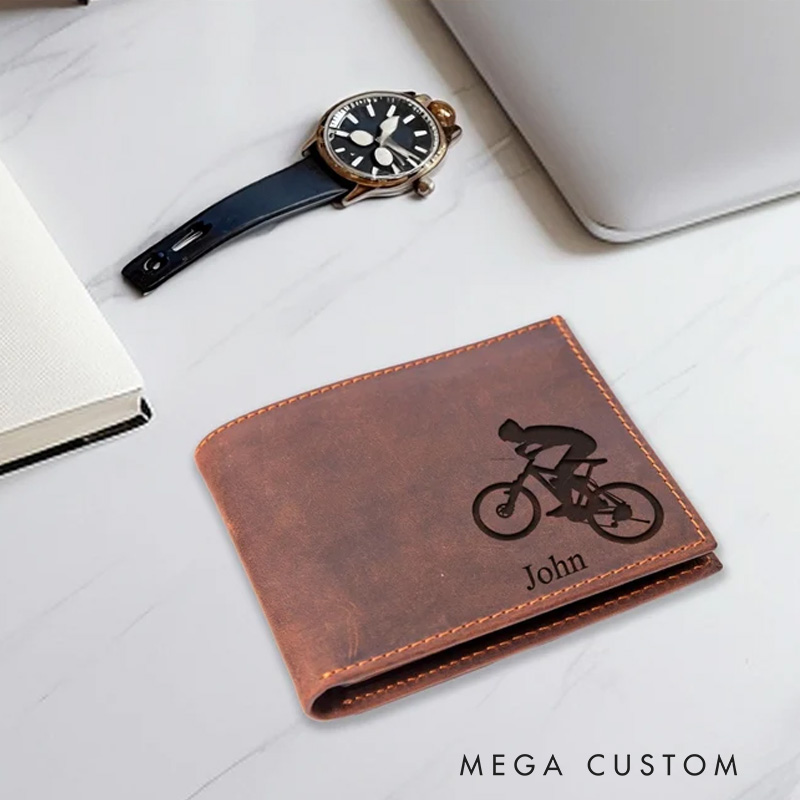 Personalized Ride a Bike Wallet Sports Wallet Engraved Men Wallet Bicycle Wallet Gift for Men Bicyclist