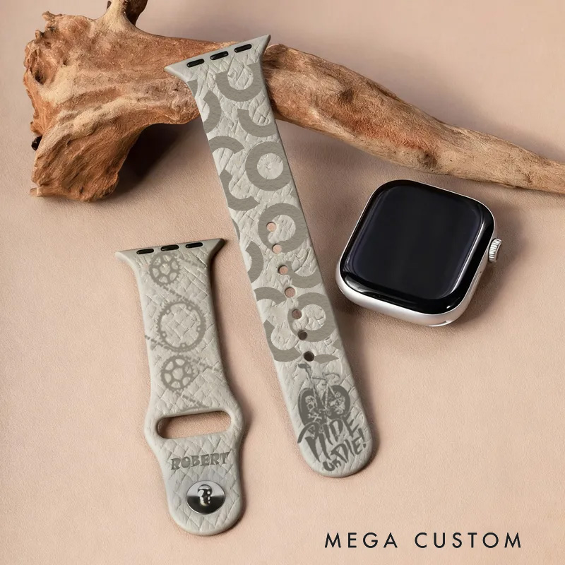 Personalized Bicycle Silhouette Avatar Silicone Multicolor Watch Band for Apple with Engraved Name Birthday Anniversary Gift for Riding Lovers