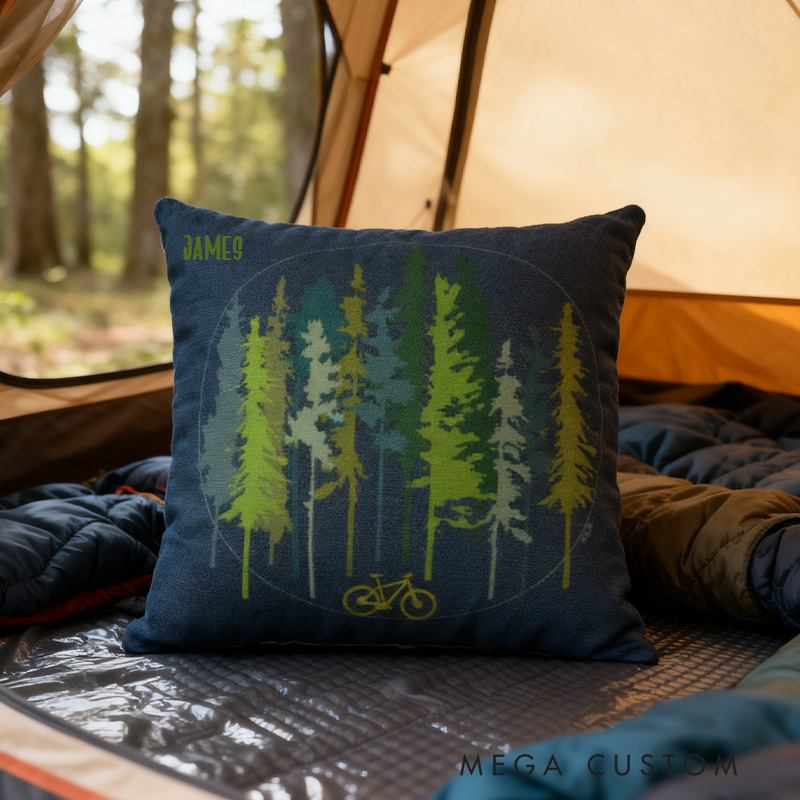 Personalized Pillow for Cycling Lovers Cushion Cover Mountain Bike Forest Stunted Fir Trees