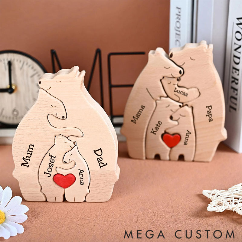 Personalized Carved Wooden Bear Family Jigsaw Puzzle, Wood Bear Figurines, Hugging Bear Family Keepsake Gift for Parents, Christmas Bear Decor