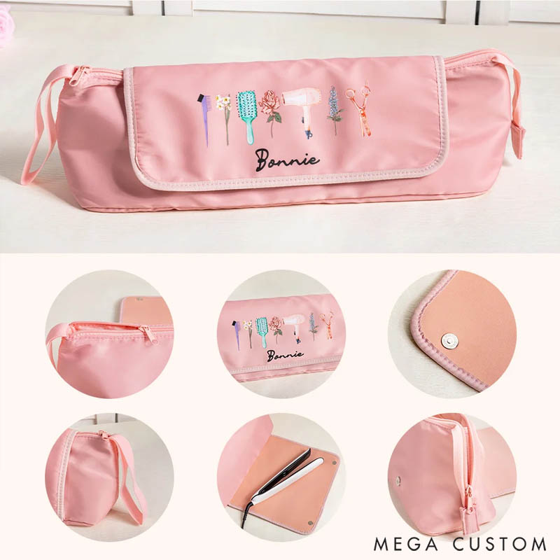 Personalized Stylish Birth Flower Hairdressing Element Portable Hair Tools Travel Bag with Name and Heat Resistant Mat Birthday Gift for Women