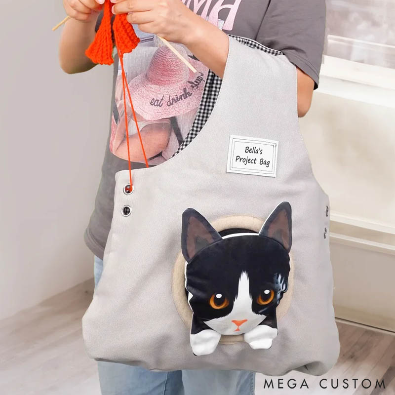 Personalized Canvas Crochet Woolen Organizer Storage Bag with Detachable Cute Cat Pocket Gift for Knitting Lover