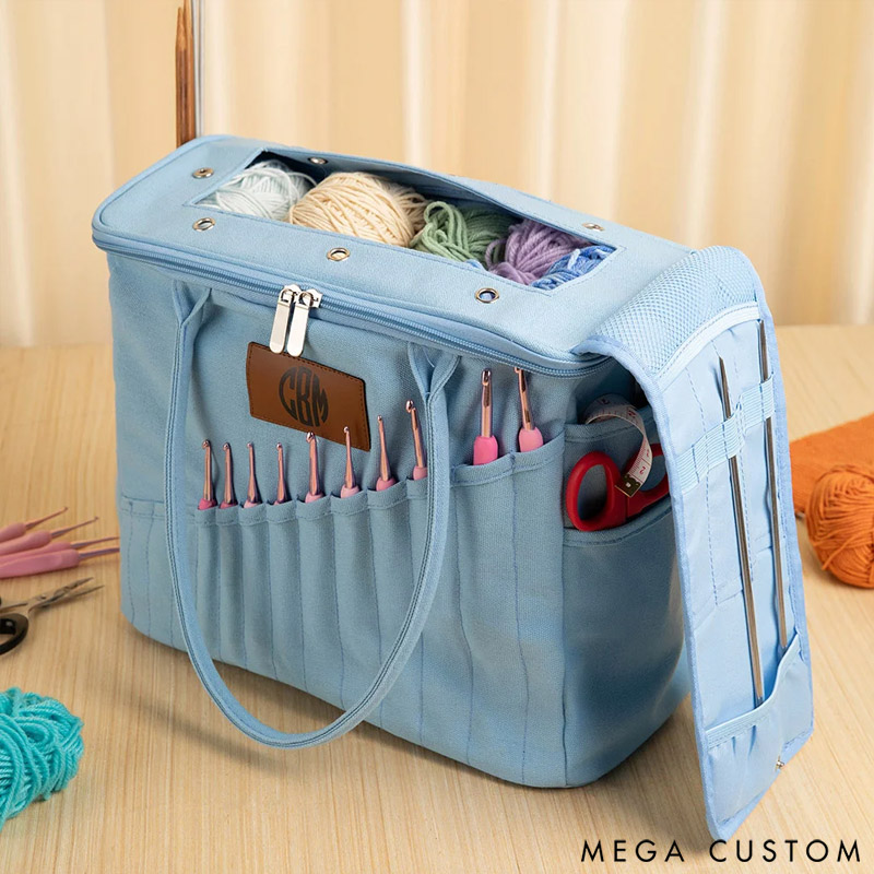 Personalized Monogram Large Canvas Yarn Storage Bag with Needle Pockets and Handle Crochet Knitting Accessories Birthday Gift for Craft Lovers