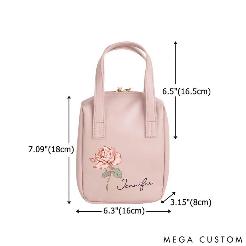 Personalized Birth Flower Name Portable PU Leather Makeup Bag with Handle and Multiple Compartments Travel Accessories Birthday Gift for Women Girls