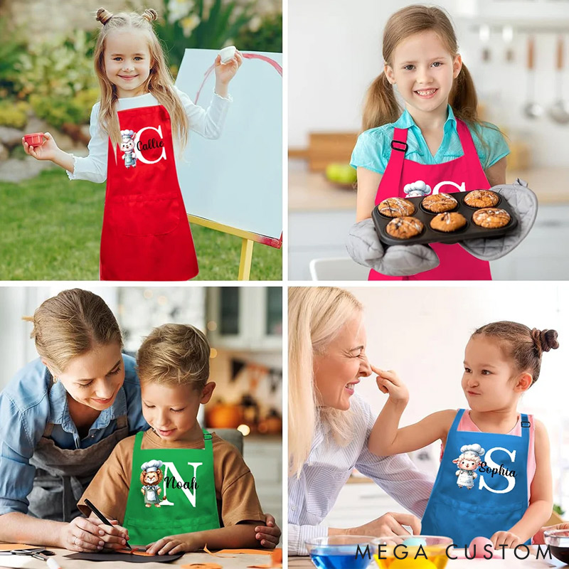 Personalized Lamb Dinosaur Animal Chef Initial Name Adjustable Apron Chef Hat Set with Pocket Cooking Baking Birthday Gift for Kids