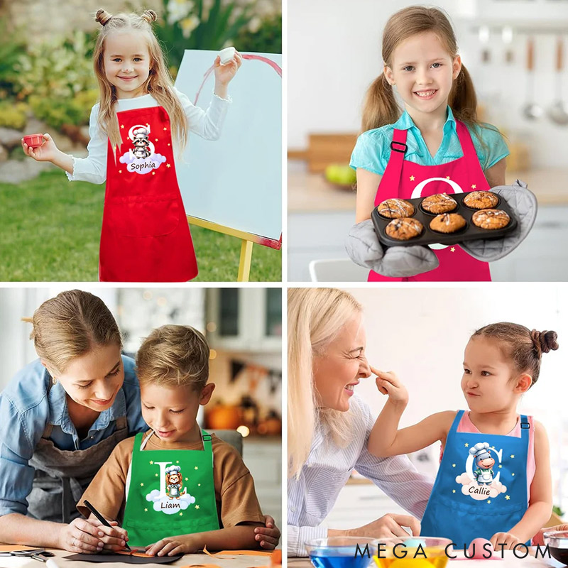 Personalized Cute Forest Animal Panda Elephant Adjustable Kid Apron Chef Hat Set with Name and Initial Handcraft Activities Birthday Gift for Kids