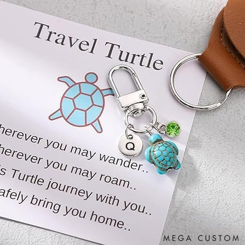 Personalized Travel Turtle Keychain with Birthstone Initials Travel Turtle Bag Charm Gift for Travel Lovers