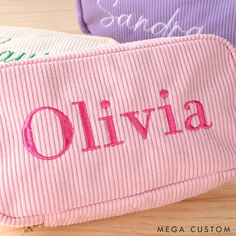 Personalized Multicolor Corduroy Travel Makeup Toiletry Bag with Embroidered Name Daily Use Gift for Women