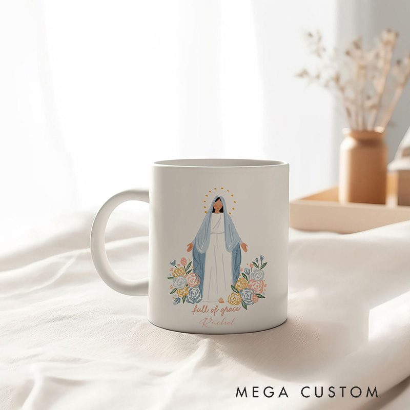 Personalized Full of Grace Virgin Mary Ceramic Mug with Floral Accents Catholic Religious Gift Birthday Gift for Women and Girls 