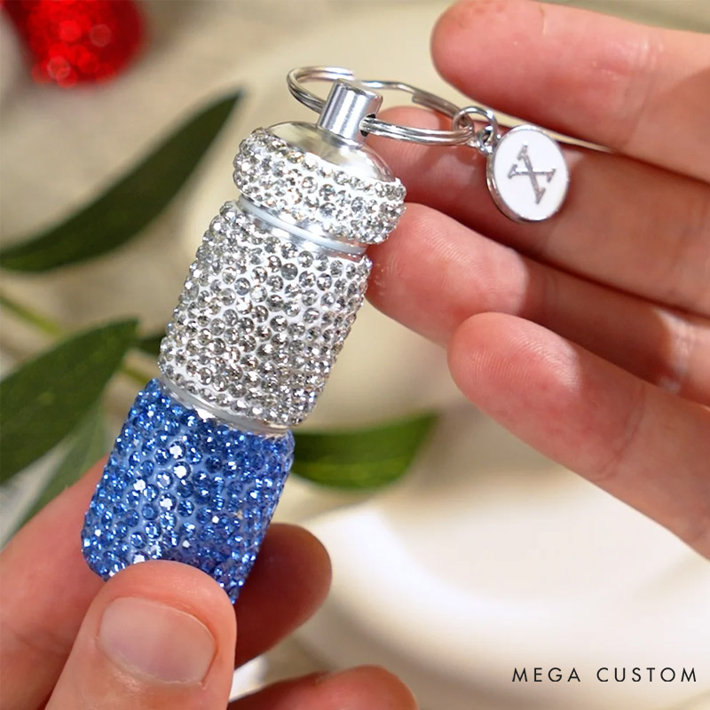 Personalized Glitter Rhinestone Capsule Shape Pill Storage Keychain with Initial Travel Use Birthday Gift for Women Medication Users