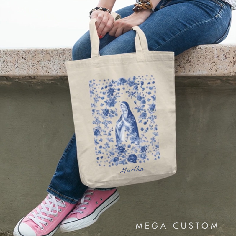 Personalized Virgin Mary Canvas Tote Bag with Name Birthday Gift Religious Gift Catholic Gift for Women