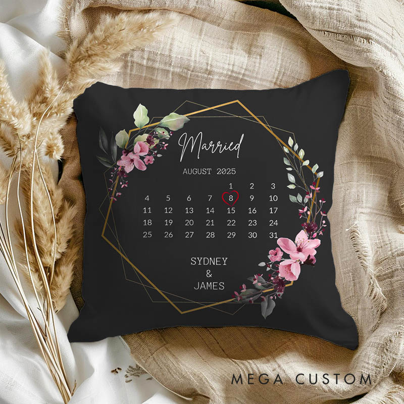 Personalized Couple Floral Married Calendar Pillow with Name Custom Newlyweds Wedding Date Pillow Engagement Pillow Anniversary Gift for Husband Wife
