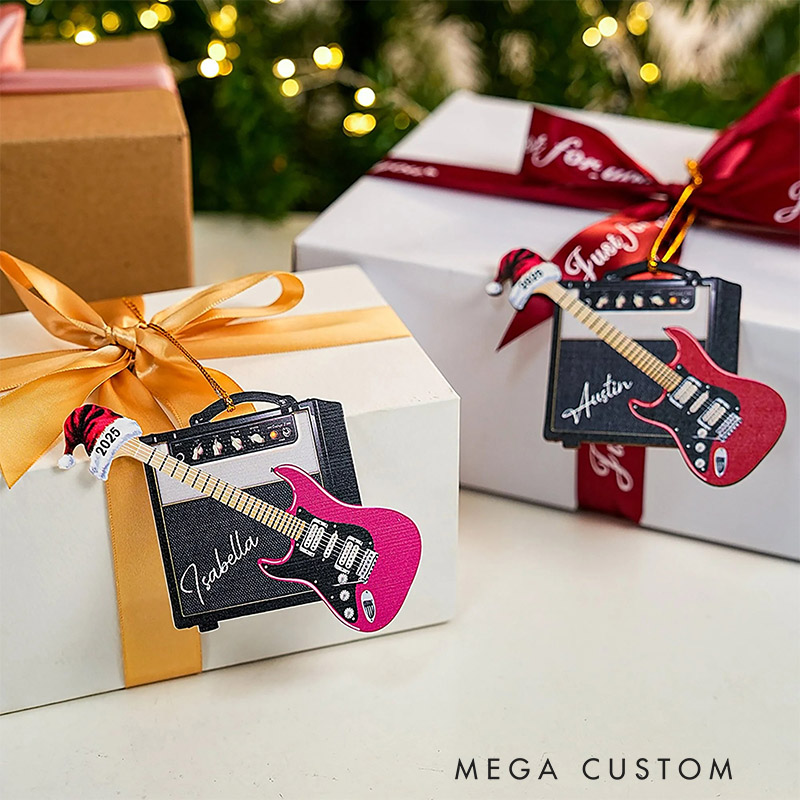 Personalized 3D Effect Retro Guitar Amp Santa Hat Ornament with Name and Year Holiday Decor Christmas Gift for Guitarists Guitar Lovers