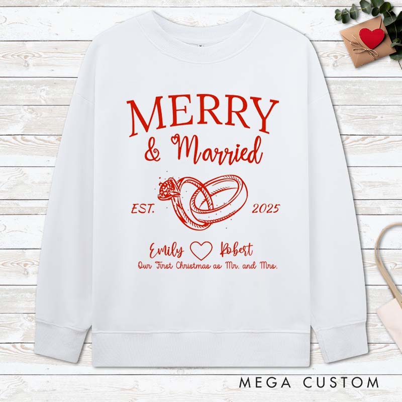 Personalized Merry and Married Sweatshirts for Newlywed Couple First Christmas Sweatshirt
