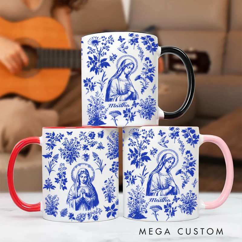 Personalized Catholic Virgin Mary Toile De Jouy 11oz Ceramic Mug with Name Our Lady Coffee Cup Vintage Floral Marian Mug Christian Gift for Women
