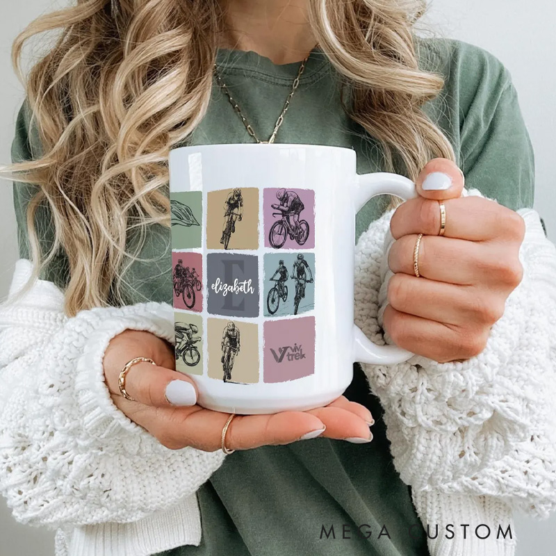 Personalized Cycling Custom Name Initial Mug Coffee Cup Gift for Cyclist Biker Drinkware Bicycle Lover Gift Sports Fitness Enthusiast Mug