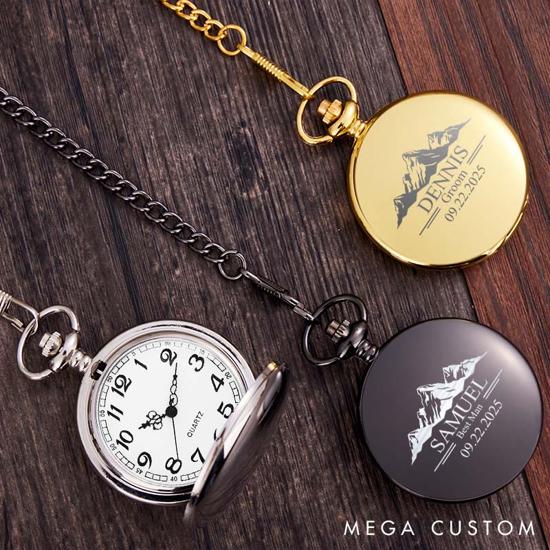 Personalized Pocket Watch with Chain Custom Perfect Gift for Best Man Mountain Design Pocket Watch for Groomsman Bachelor Party Gift