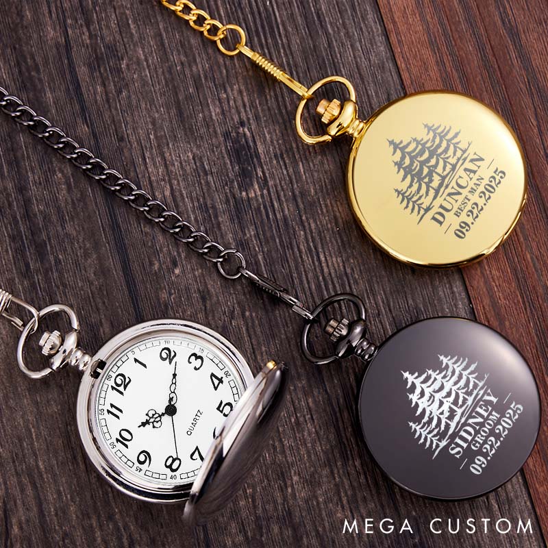 Personalized Groomsmen Pocket Watch Forest Wedding Party Pocket Watch Best Man Pocket Watch Unique Custom Bachelor Gift with Chain