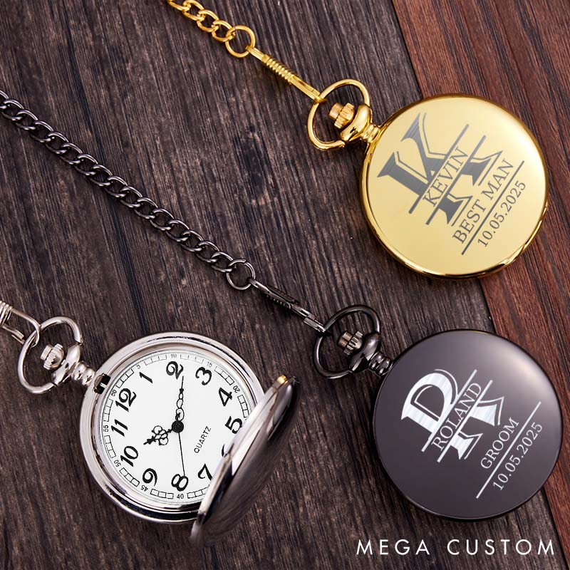 Personalized Best Man Pocket Watch with Chain Monogrammed Groomsman Pocket Watch Bachelor Party Favors Gift for Men