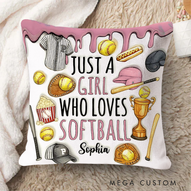 Personalized "Just a Girl Who Loves Softball" Throw Pillow with Sports Icons and Custom Name for Softball Enthusiasts   