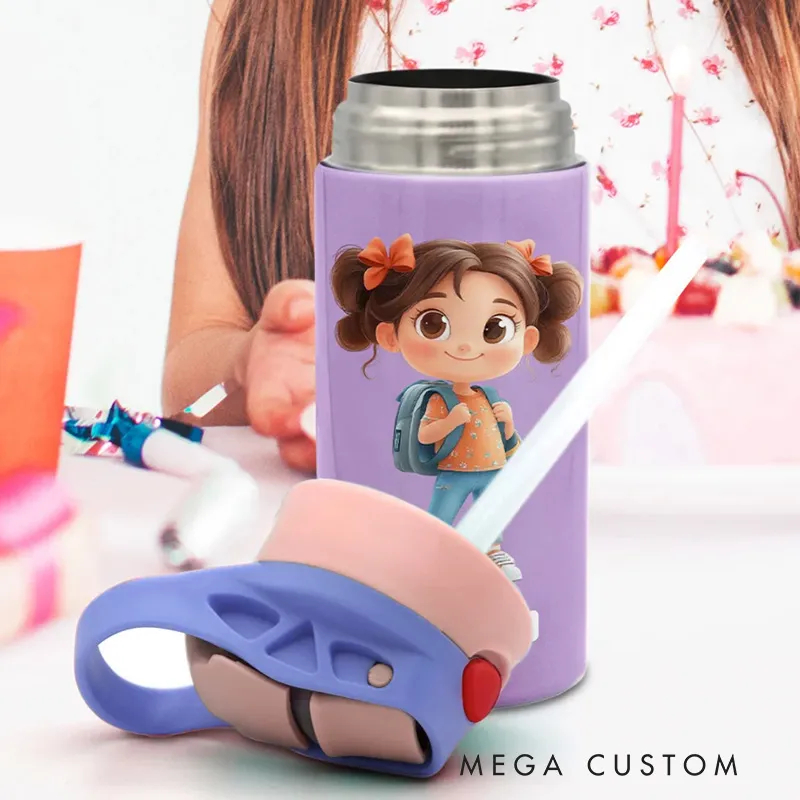 Personalized Cute Cartoon Character Name 12 oz Insulated Water Bottle with Straw and Spill-Proof Lid Back to School Gift for Boys Girls