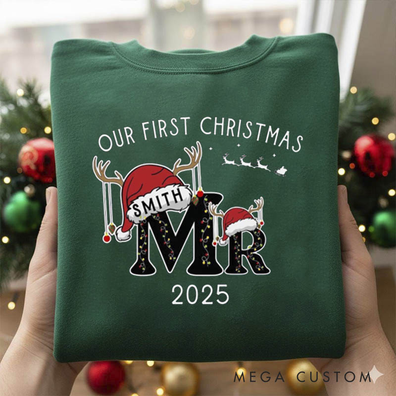 Personalized First Christmas as Mr and Mrs Crewneck for Newlywed Couple Snowman Design Christmas Sweatshirt Couple Holiday Matching Outfit