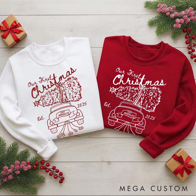 Personalized Our First Christmas Sweatshirt Crewneck for Newlywed Couple Car Design Holiday Couple Matching Outfit Gift
