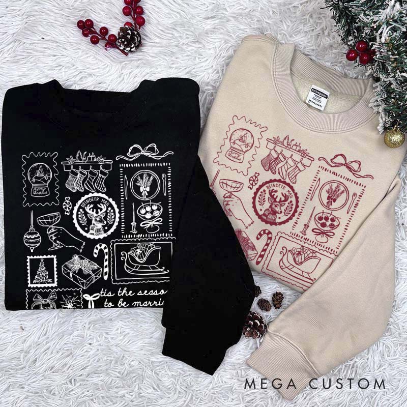 Personalized Tis The Season To Be Married Sweatshirt for Newlywed Couple Stamp Design Holiday Couple Matching Outfit Newlywed Christmas Gift