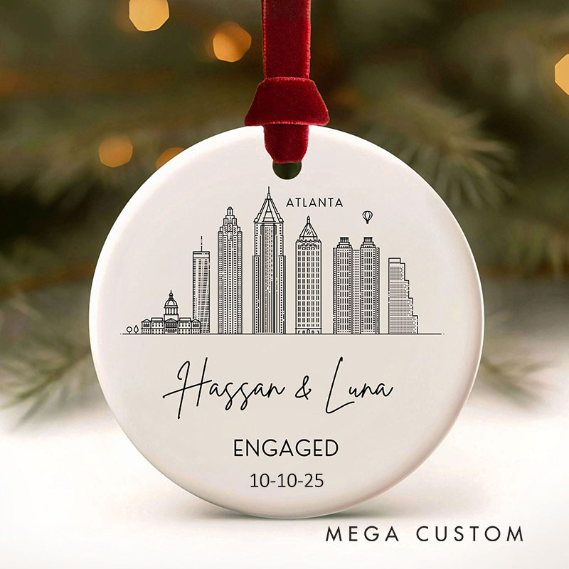 Personalized Couple City Skyline Engaged Ceramic Ornament Newlyweds Photo Married Ornament Our First Christmas Ornament Wedding Bridal Shower Gift