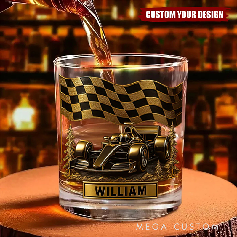 Personalized Racing Car Whiskey Glass Custom Name Design Rock Tumbler Gift for Racers and Racing Lovers