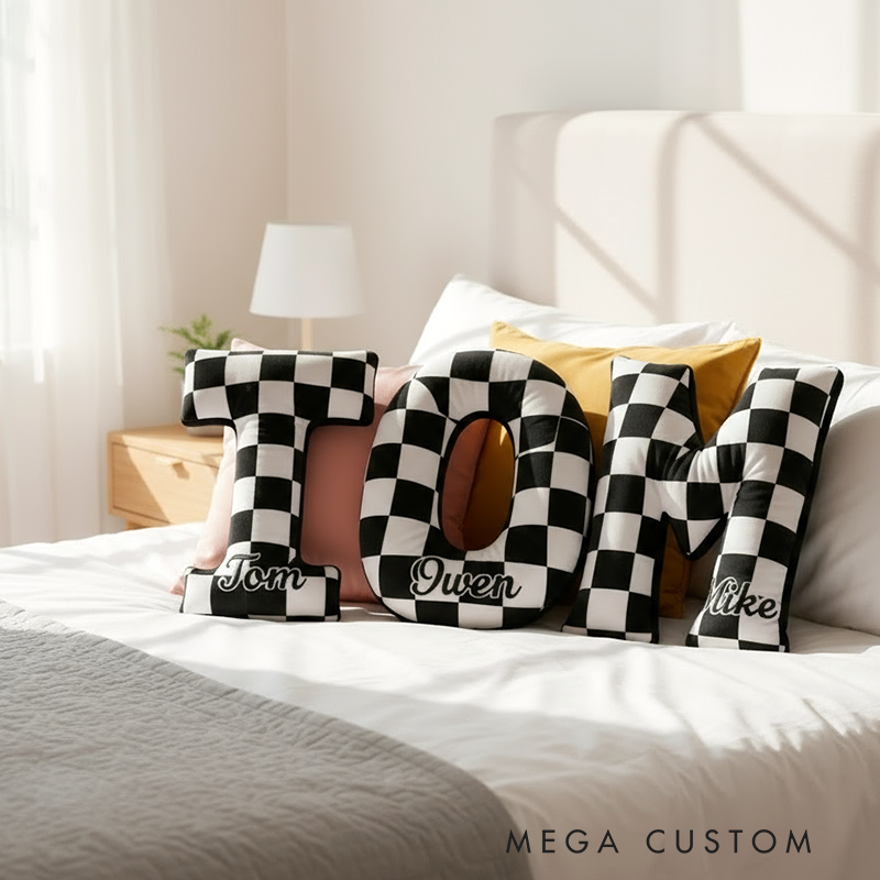 Personalized Racing Letter Throw Pillow Custom Name Check Flag Cushion Gift for Racers and Racing Lovers