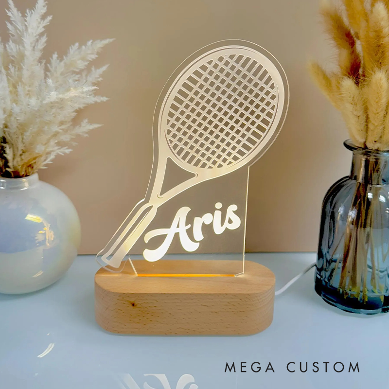 Personalized Tennis Racket LED Night Light with Custom Name for Sports Fans