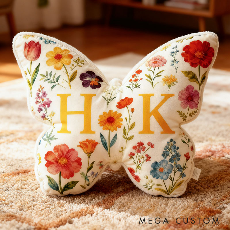 Personalized Couple Butterfly Floral Pillow Newlyweds Initials Cushion Valentine's Day Pillow for Husband Wife Christmas Gift for Boyfriend Girlfriend
