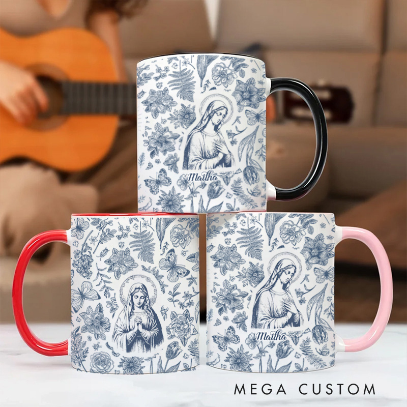 Personalized Catholic Virgin Mary Vintage Floral 11oz Ceramic Mug with Name Our Lady Coffee Cup Catholic Mug Marian Mug Christian Gift for Women