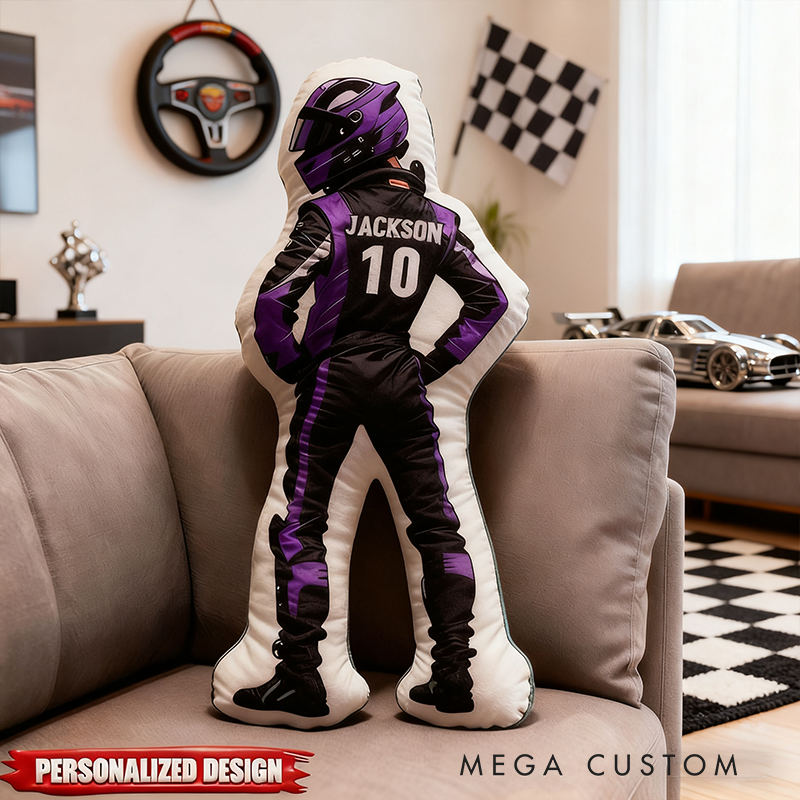 Personalized Racing Driver Shaped Pillow Custom Name and Number Race Suit Cushion Gift for Racing and Motorsport Lovers