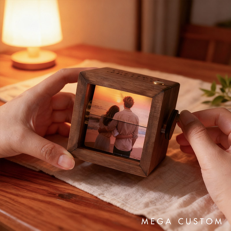 Personalized Photo Flipbook Animation Box Custom Newlyweds Wooden Photo Book with Light Christmas Crank Photo Box Picture Box Anniversary Gift