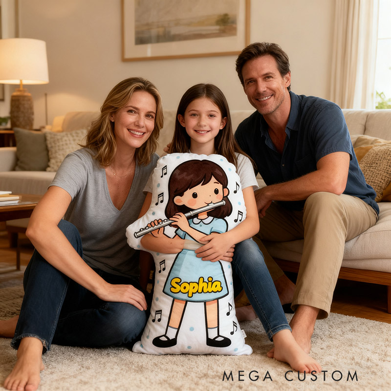 Personalized Flute Pillows with Customizable Skin Tone Hair Color and Name Soft Stuffed Toy for Kids Flute Lovers for Girls' Room and Music Room