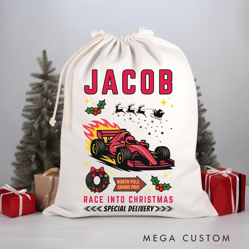 Personalized Racing Christmas Sack Custom Name and Car Color Gift Bag for Racing and Car Lovers