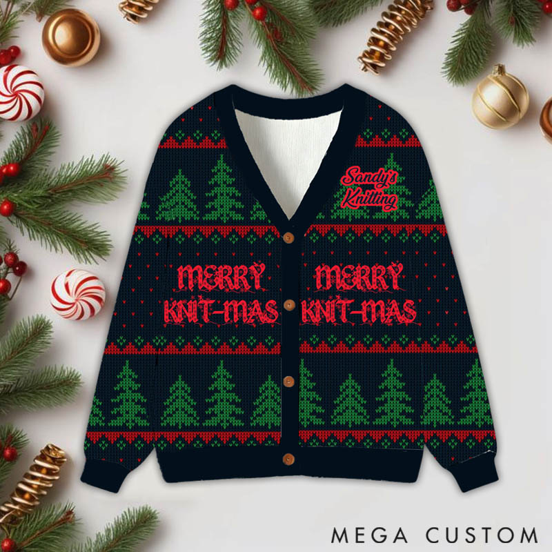 Personalized Custom Knitting Ugly Sweater Cardigan Christmas Knitting Lovers Merry Knit-mas Custom Name Gift for Her
