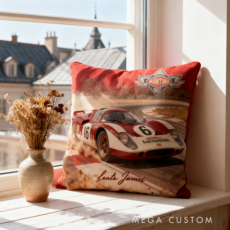 Custom Name Racing Car Pillow Personalized Motorsport Gift for Racers and Racing Lovers