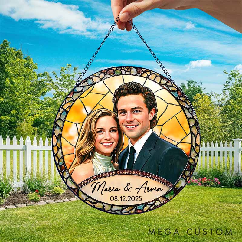 Personalized Couple Stained Glass Photo Suncatcher Newlyweds Portrait Window Hanging Decor Anniversary Gift for Husband Wife Boyfriend Girlfriend