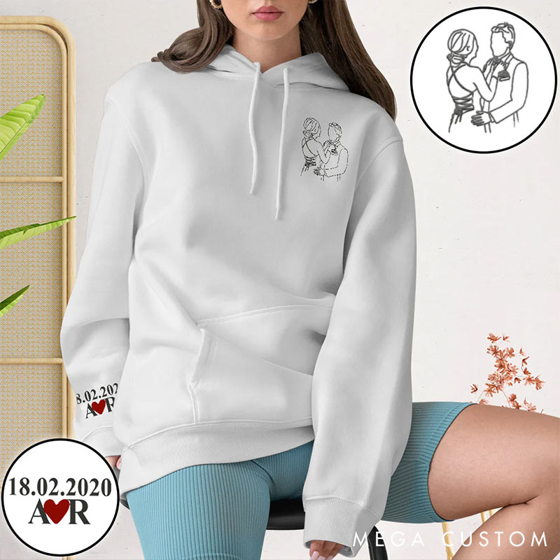 Personalized Custom Photo Line Drawing couple Sweatshirt Custom Initial for Couple Anniversary Valentine's Gift for Wife Holiday Top Cloth for Wife