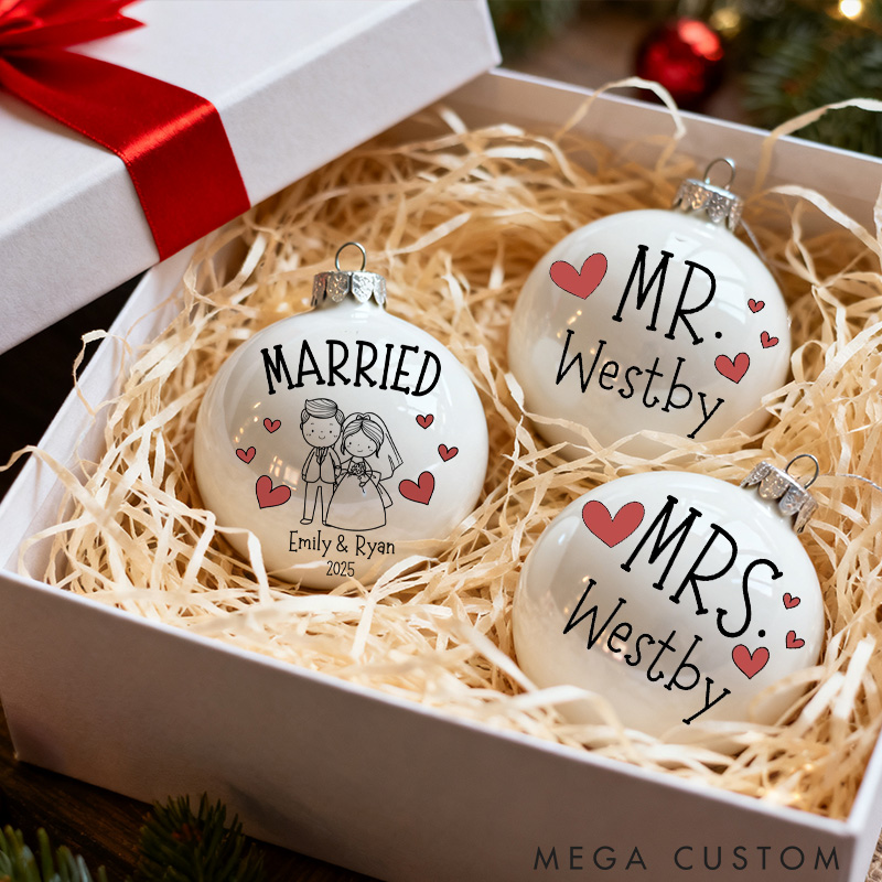 Personalized Mr and Mrs Matching Christmas Ball Ornament Our First Christmas Ornament Set For Newlywed Couple Wedding Ornament Keepsake