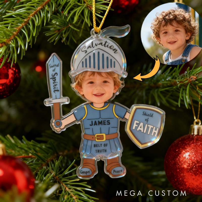 Personalized Armor of God Acrylic Ornament with Photo and Name Holiday Tree Decor Christmas Keepsake Religious Christmas Gift for Boys