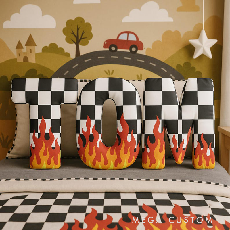 Personalized Racing Letter Throw Pillow Graphic 3D Print Custom Name Checkered and Flame Design Cushion Gift for Racers and Racing Lovers